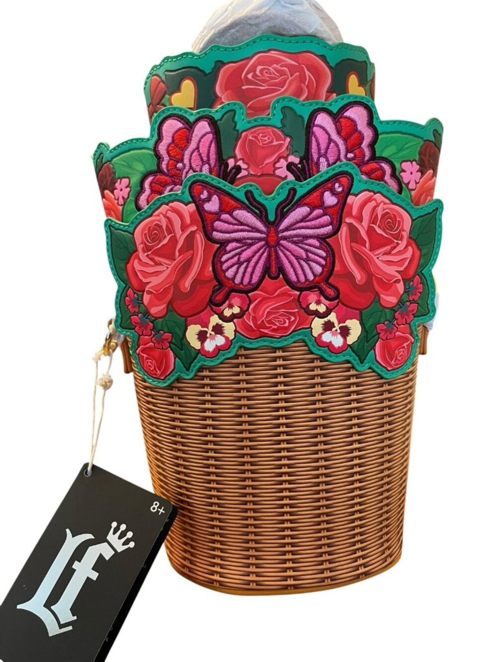 Loungefly Floral Butterfly Woven Straw Crossbody Bag, Zip, Detachable Strap - Picture 6 of 9